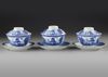 THREE CHINESE BLUE AND WHITE 'CUCKOO IN THE HOUSE' BOWL, COVERS AND SAUCERS, 18TH-19TH  CENTURY