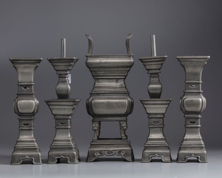 A Chinese five-piece paktong altar set