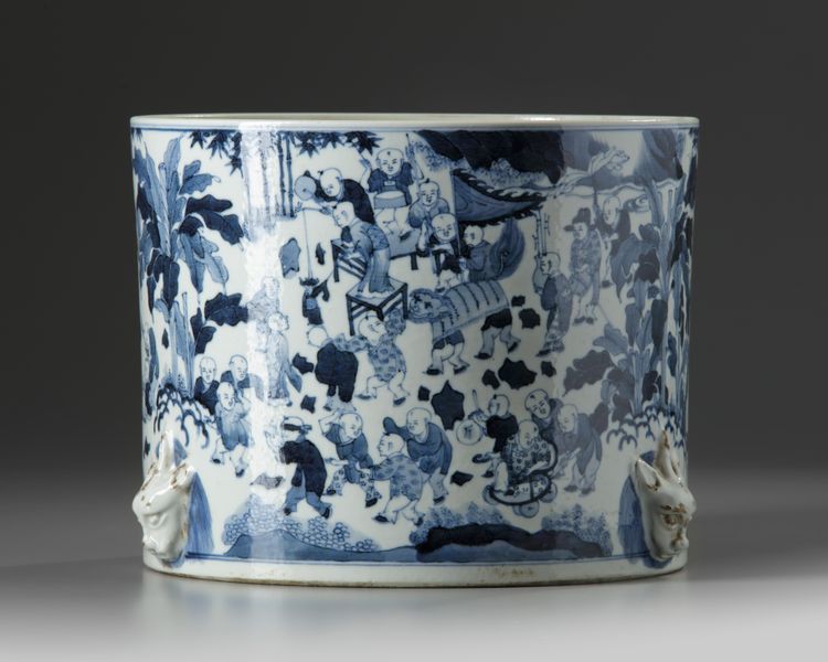 A large Chinese blue and white 'Hundred Boys' brush pot, bitong