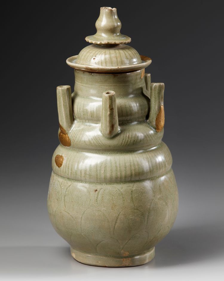 A CHINESE CELADON FIVE TUBE BOTTLE VASE, SONG DYNASTY (960-1279)