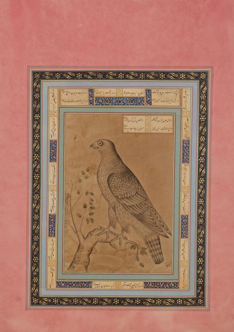 FALCON PERCHING ON A TREE BRANCH, PERSIA, 19TH CENTURY