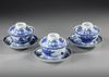 THREE CHINESE BLUE AND WHITE 'CUCKOO IN THE HOUSE' BOWL, COVERS AND SAUCERS, 18TH-19TH  CENTURY
