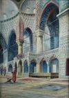 A painting depicting a man praying in the mosque