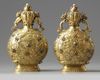 A pair of Chinese hardstone-inlaid gilt bronze 'dragon and phoenix' moonflasks