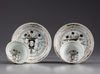 TWO PAIRS OF CHINESE GRISAILLE AND ROUGE-DE FER DECORATED CUPS AND SAUCERS, QIANLONG PERIOD (1736-1795)