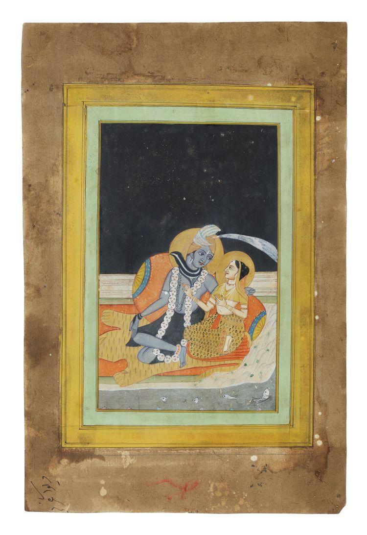 SHIVA AND PARVATI SEATED AGAINST A BOLSTER, JAIPUR RAJASTHAN INDIA, 19TH CENTURY