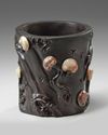 A Chinese hardstone-inlaid hardwood 'lingzhi' brush pot