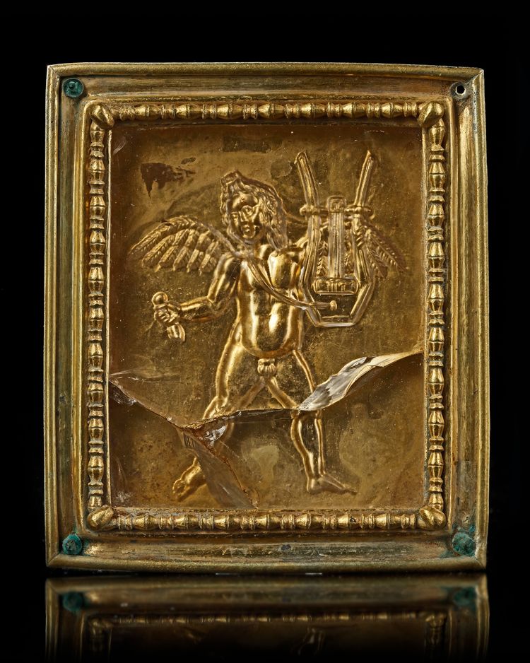 A LARGE ROCK CRYSTAL PLAQUE, ENGRAVED AND MOUNTED IN A GOLD AND SILVER FRAME, LATE 2ND - EARLY THIRD CENTURY A.D.