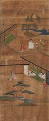 A JAPANESE SIX-PANEL BYOBU SCREENS WITH SCENES FROM THE TALE OF GENJI, EDO PERIOD (1603-1868)