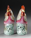 A PAIR OF CHINESE FAMILLE ROSE PORCELAIN ROOSTERS, 18TH CENTURY