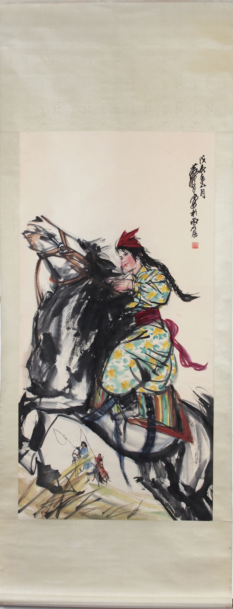 A CHINESE 'GIRL ON HORSEBACK' HANGING SCROLL - HUANG ZHOU