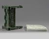 A CHINESE PALE CELADON JADE TABLE SCREEN ON A SPINACH JADE STAND