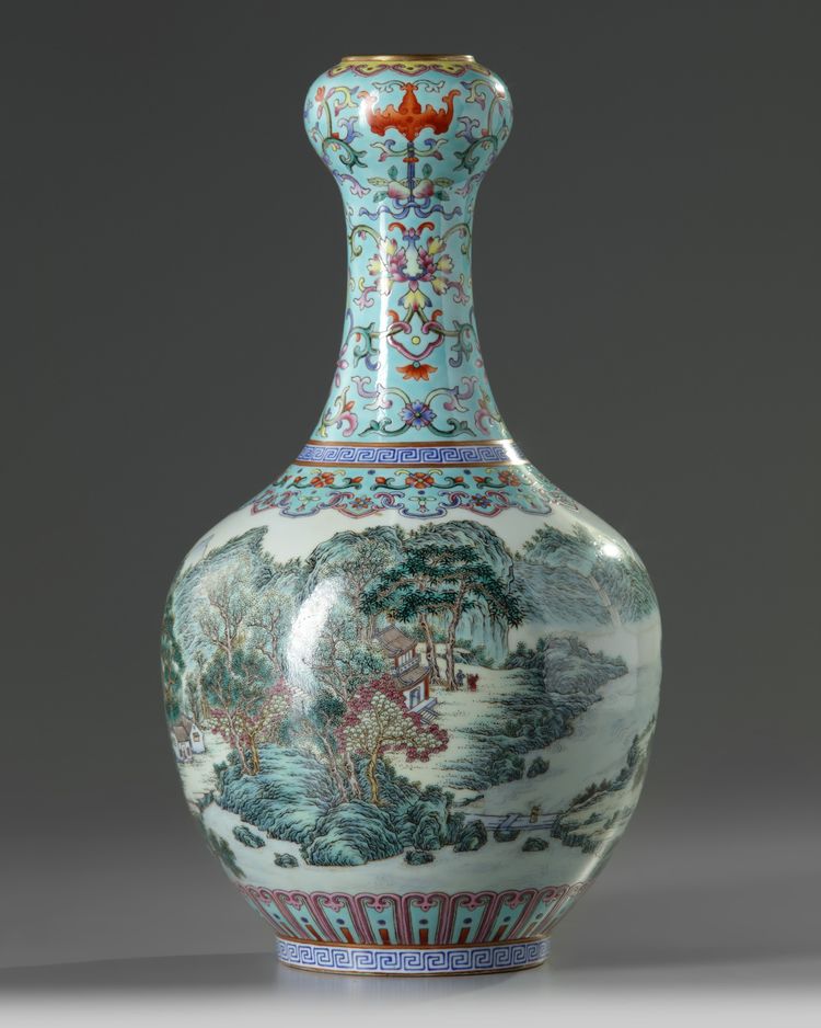 A Chinese turquoise-ground famille rose garlic head vase
