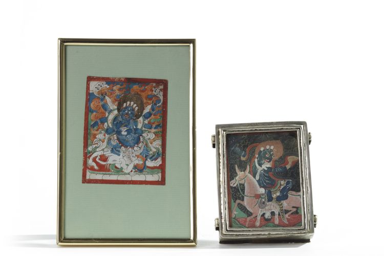 TWO MONGOLIAN INITIATION CARD PAINTINGS OF PALDEN LHAMO AND A SIX ARMED MAHAKALA, TSAGLI, 19TH CENTURY