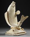 LARGE JAPANESE SCULPTURE — JUMPING KOI FISH IN CARVED BONE, 20TH CENTURY