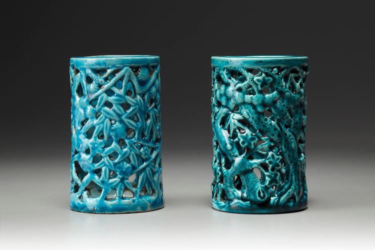 Two Chinese turquoise-enamelled 'Three Friends of Winter' brush pots, bitong