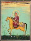 AN EQUESTRIAN PORTRAIT OF AKBAR, INDIAN SCHOOL 19TH-20TH CENTURY