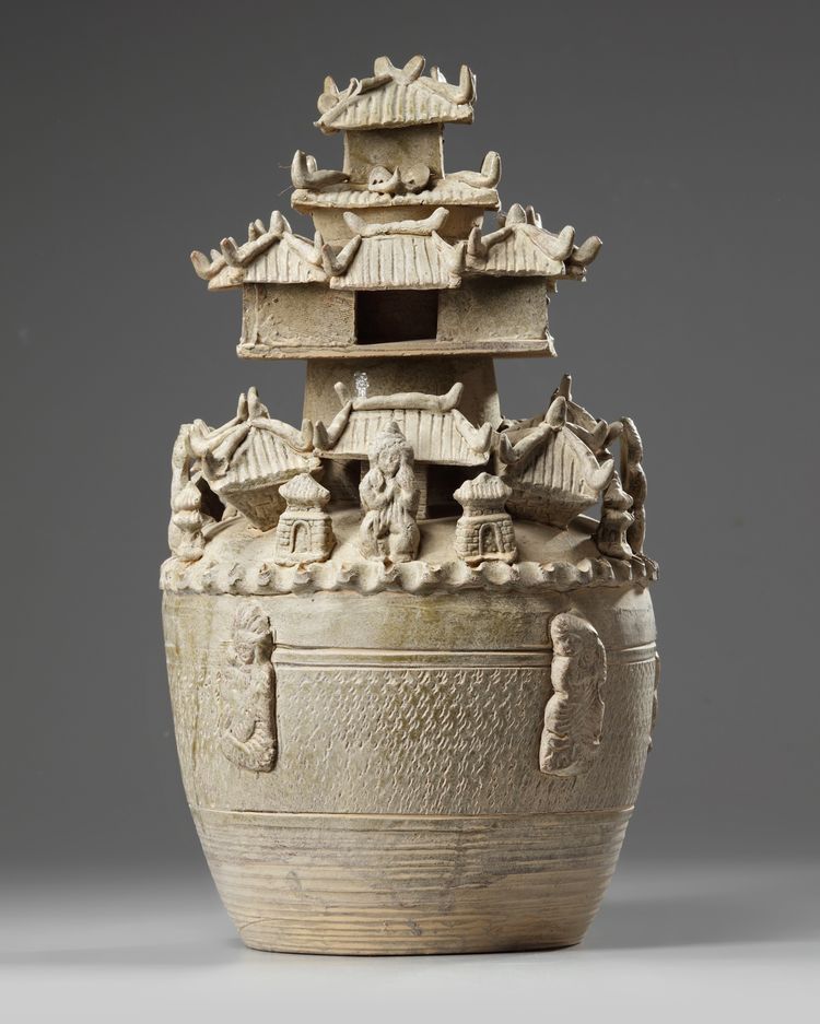 A CHINESE YUE-STYLE CELADON-GLAZED FUNERAL URN, HUNPING 3RD-CENTURY STYLE