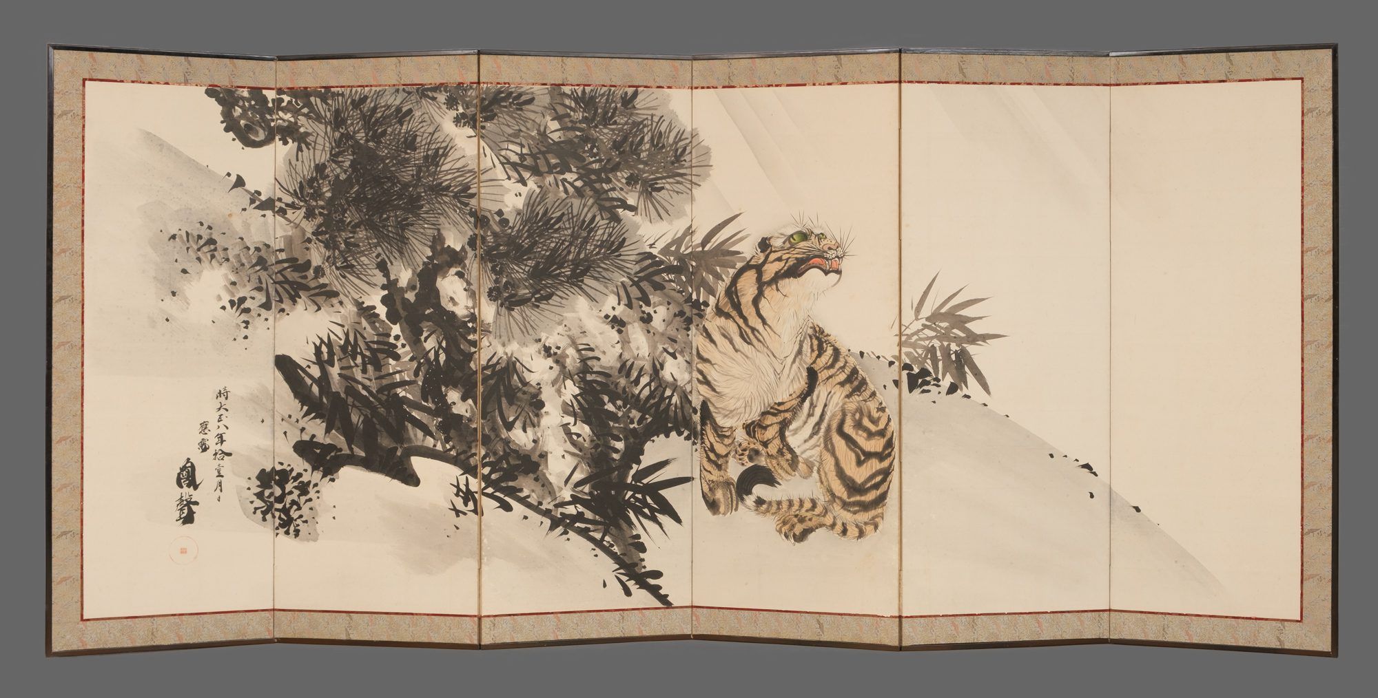 A PAIR OF LARGE SIX-PANEL JAPANESE SCREENS, DRAGON & TIGER, 1919