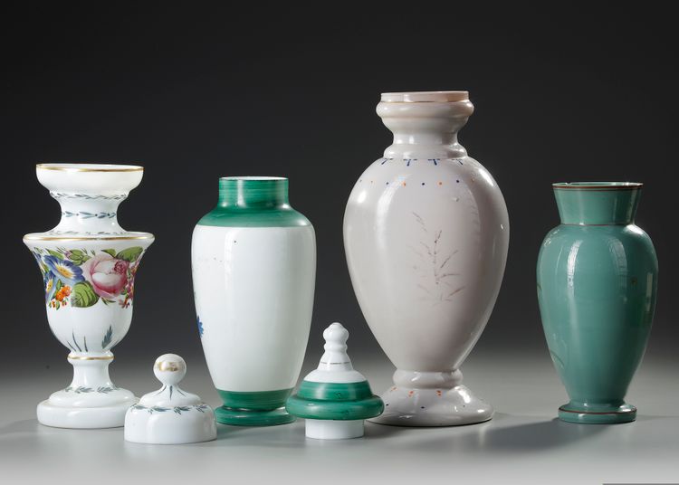 A GROUP OF FOUR SINGLE OPALINE VASES, CIRCA 1900