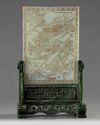 A CHINESE PALE CELADON JADE TABLE SCREEN ON A SPINACH JADE STAND