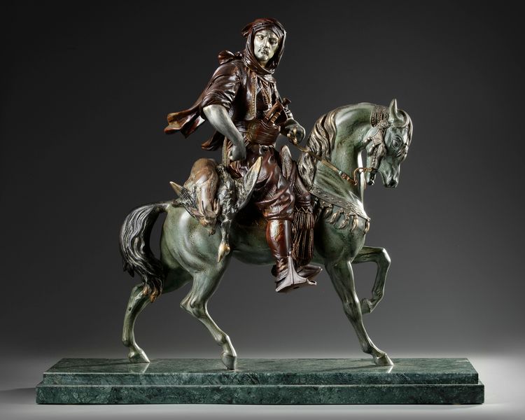 A BRONZE STUDY OF AN ARAB HUNTER ON HORSEBACK, FRANCE, 19TH-20TH CENTURY