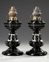 A PAIR OF FRENCH ENAMELLED OPALINE OILLAMPS, CIRCA 1860