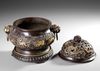 A CHINESE PARCEL-GILT BRONZE 'SEA CREATURES' CENSER, COVER AND STAND