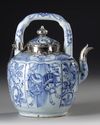 A CHINESE BLUE AND WHITE TEAPOT WITH SILVER MOUNTING, WANLI PERIOD, (1573-1619)