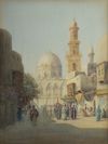 A PAINTING DEPICTING VARIOUS FIGURES NEAR THE MOSQUE IN CAIRO, 19TH-20TH CENTURY
