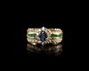 A 14 CARAT GOLD RING, EMERALD, SAPHIRE, DIAMOND