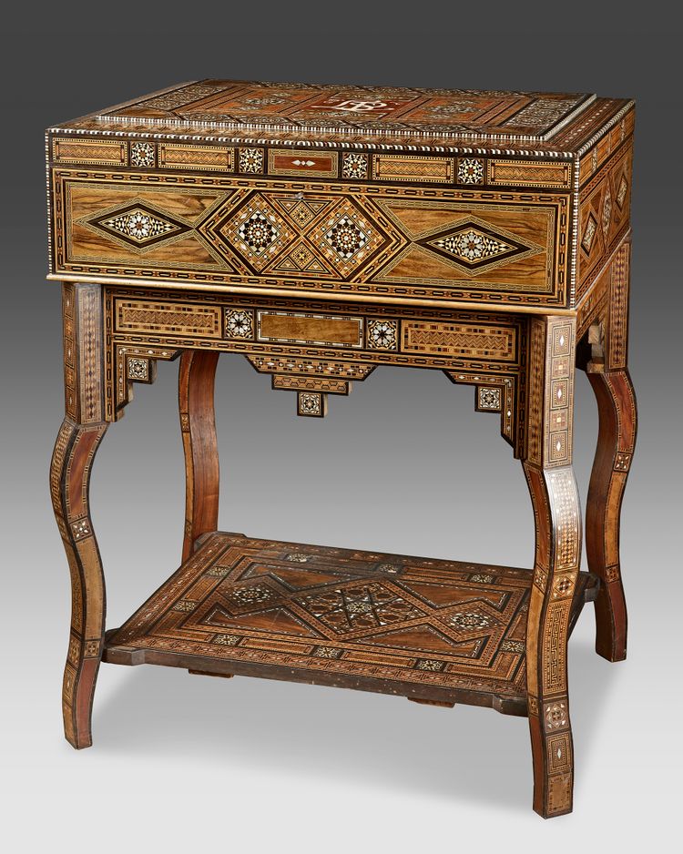A SYRIAN TABLE BOX IN PRECIOUS WOOD MARQUETRY AND MOTHER-OF-PEARL INLAY, CIRCA 1880