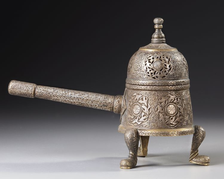 A SILVER INLAID BRONZE MAMLUK STYLE INCENSE BURNER, 19TH-20TH CENTURY