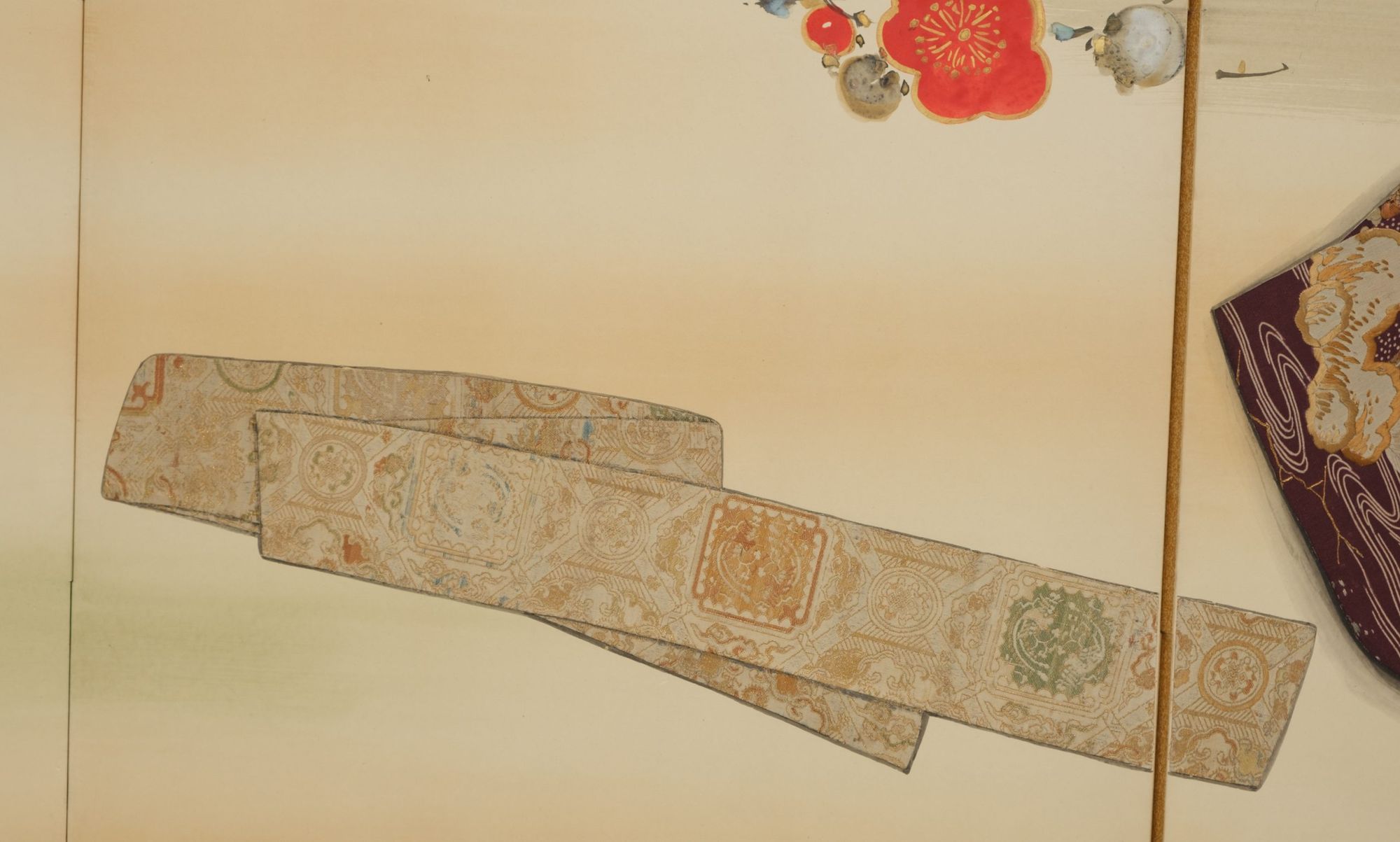 A JAPANESE SIX PANEL BYÔBU 屏風 EMBROIDERED WITH TAGASODE 誰袖