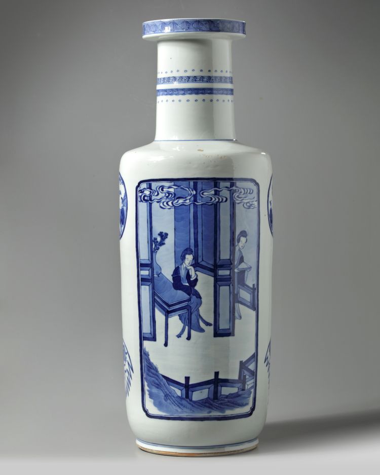 A large Chinese blue and white rouleau vase