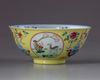 A Chinese famille rose yellow-ground sgraffiato 'Three Rams' medallion bowl
