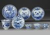 FOUR CHINESE BLUE AND WHITE 'CUCKOO IN THE HOUSE' CUPS AND SAUCERS, 18TH CENTURY