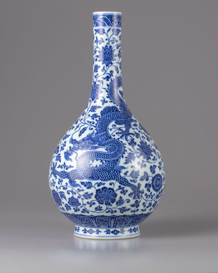 A Chinese blue and white 'dragon' bottle-vase