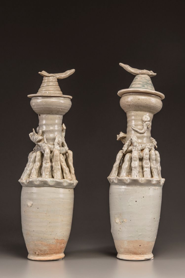 TWO QINGBAI FUNERARY JARS WITH COVERS, SONG DYNASTY (960-1279)