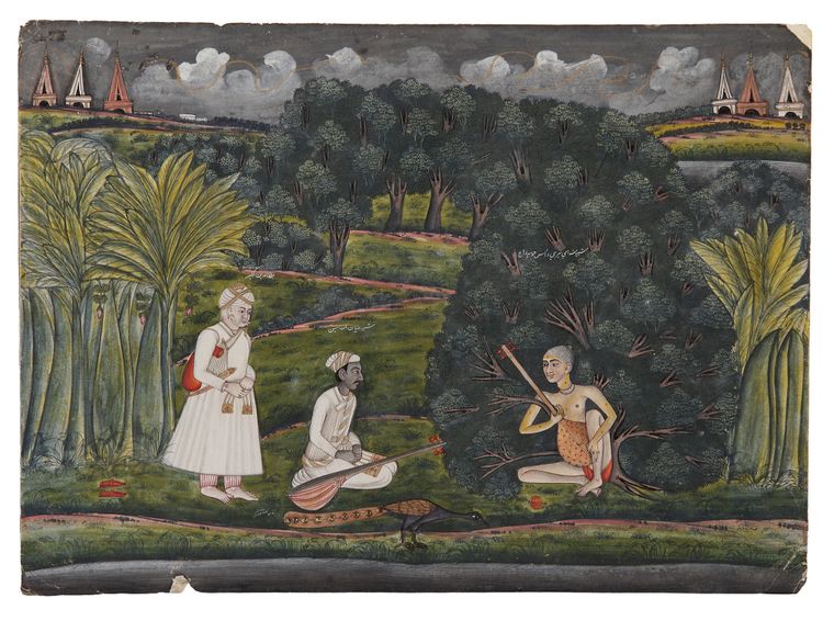 THE MUGHAL RULER AKBAR AND HIS ADVISOR VISIT A HOLY MAN AT NIGHT UNDER A STORMY SKY. NORTH INDIA. 2ND HALF 19TH  CENTURY.