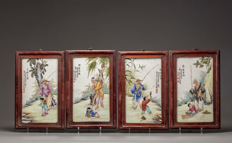 A set of four Chinese famille rose 'fishermen' plaques