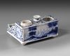 BLUE AND WHITE DELFT INKWELL AND DESK STAND, DATED 1715