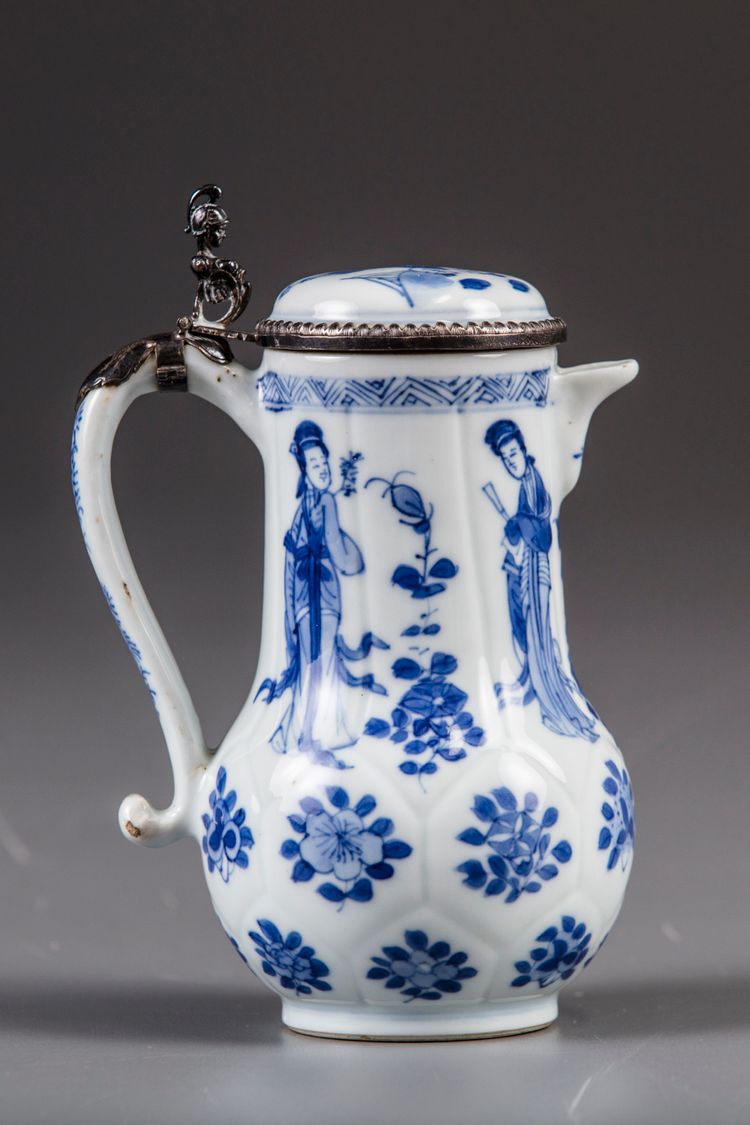 A Chinese blue and white silver-mounted ewer