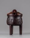 A CHINESE HARDWOOD ARCHAISTIC TRIPOD CENSER AND COVER, 19TH CENTURY