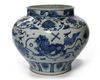 A CHINESE BLUE AND WHITE BUDDHIST LIONS JAR