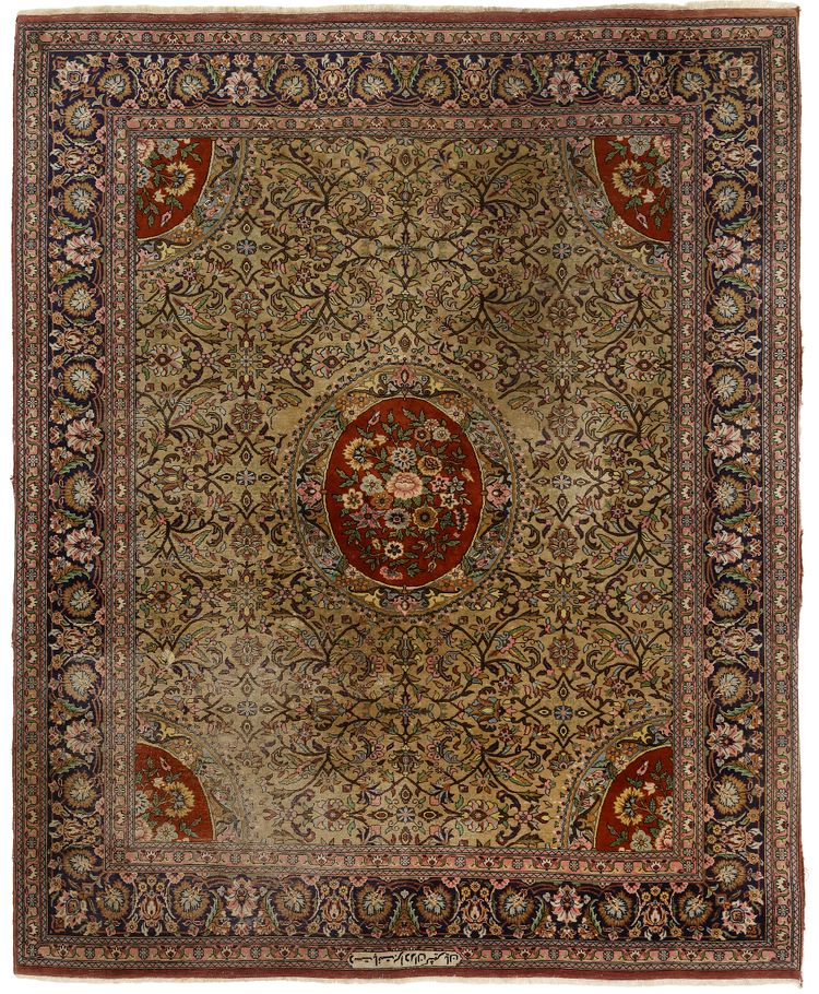 A VERY FINE PERSIAN SIGNED GHOM CARPET