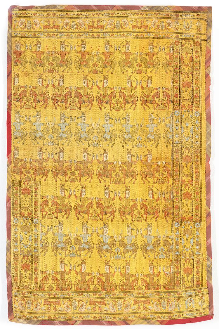 A QAJAR  PANEL OF SILK LAMPAS, 19TH CENTURY
