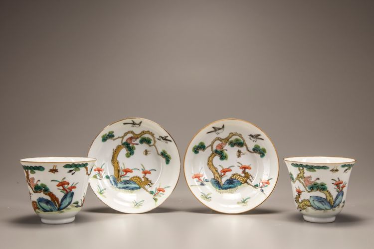Two pairs of famille rose 'deer and lingzhi' cups and saucers