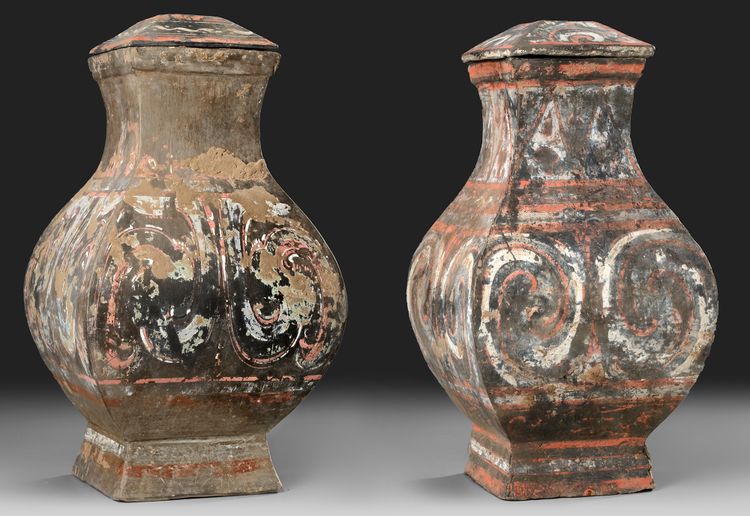 A  PAIR OF CHINESE POTTERY 'FANG HU' VASES, HAN DYNASTY (206 BC-220 AD)