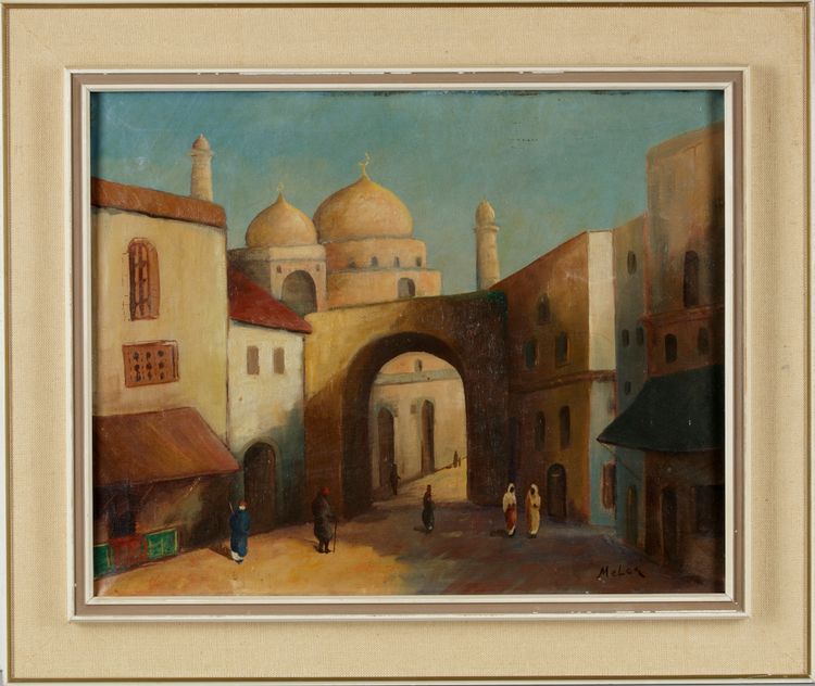 AN OIL PAINTING DEPICTING AN ORIENTAL SCENE, SIGNED MELEQ, 20TH CENTURY